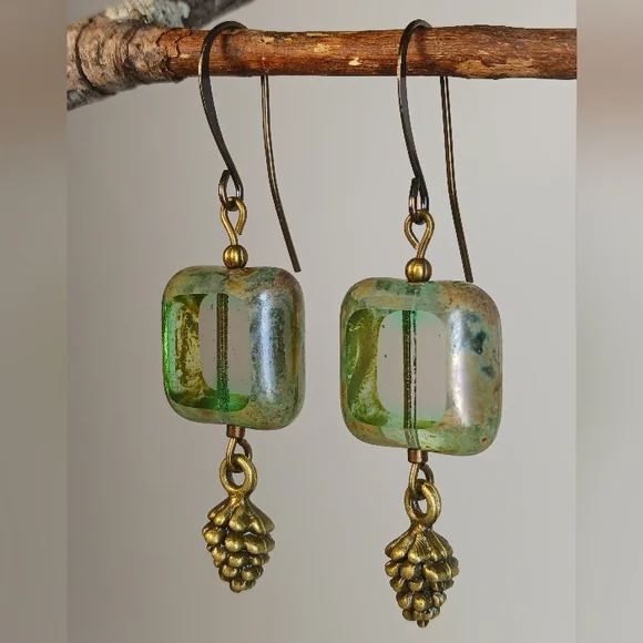 HAND CRAFTED EARRINGS Green Czech Glass Pine Cone Brass Bronze Dangle Drop - Picture 4 of 6